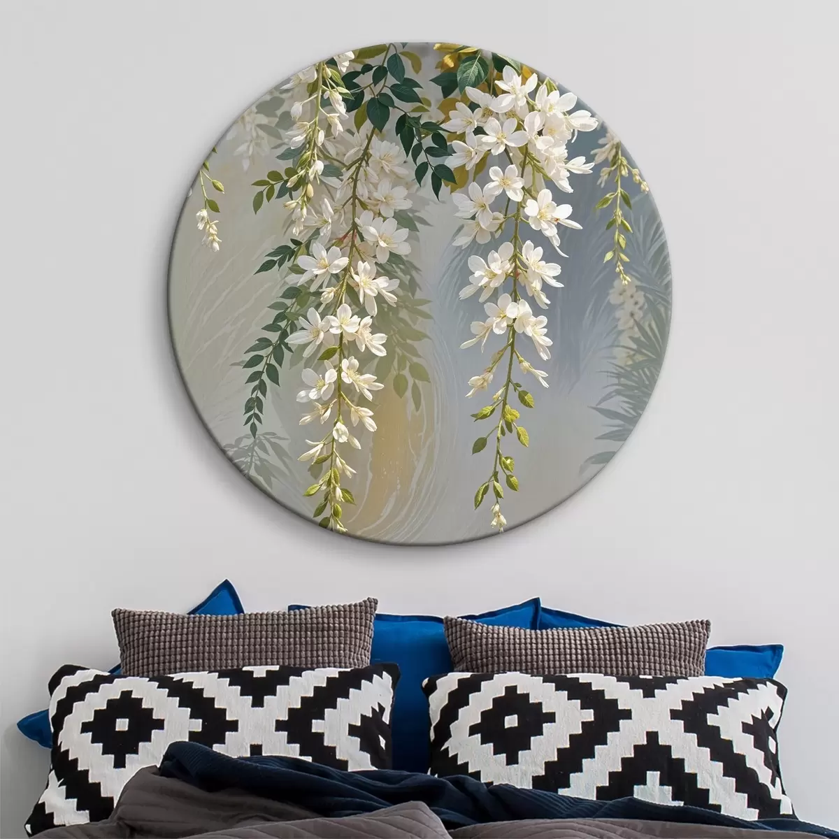 Kerek festmények Függő fehér wisteria virágok zöld levelekkel elmosódott háttér előtt r39530