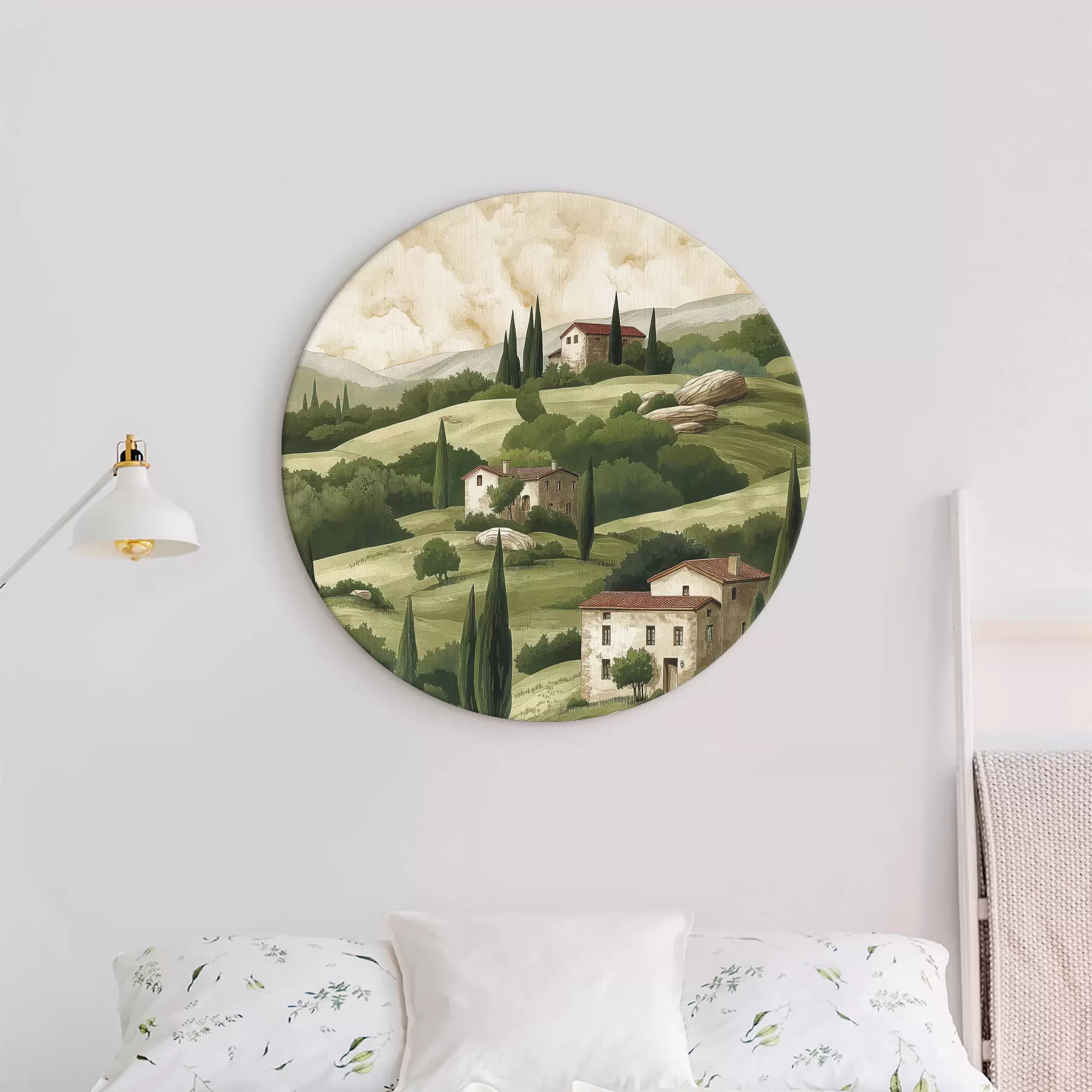 fotószőnyeg Táj vintage házakkal, pasztell zöld színekkel, akril rajzzal, rusztikus r40080