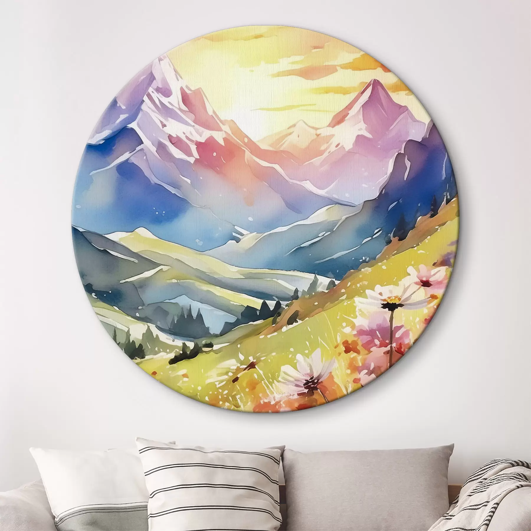 fotószőnyeg Nyári hegyek, színes naplemente, virágok, akvarell, természeti tájak r38840