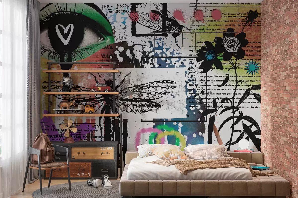 fotószőnyeg Graffiti stílusú feliratok, virágok, figurák w02255
