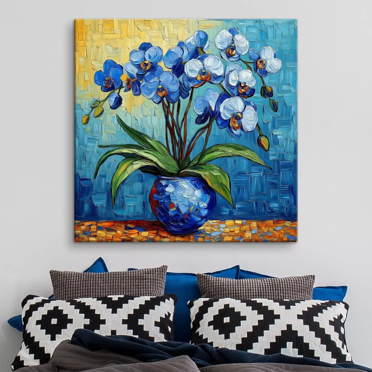 fotótapéta Kék orchidea Van Gogh stílusú vázában, festmény utánzata s41982