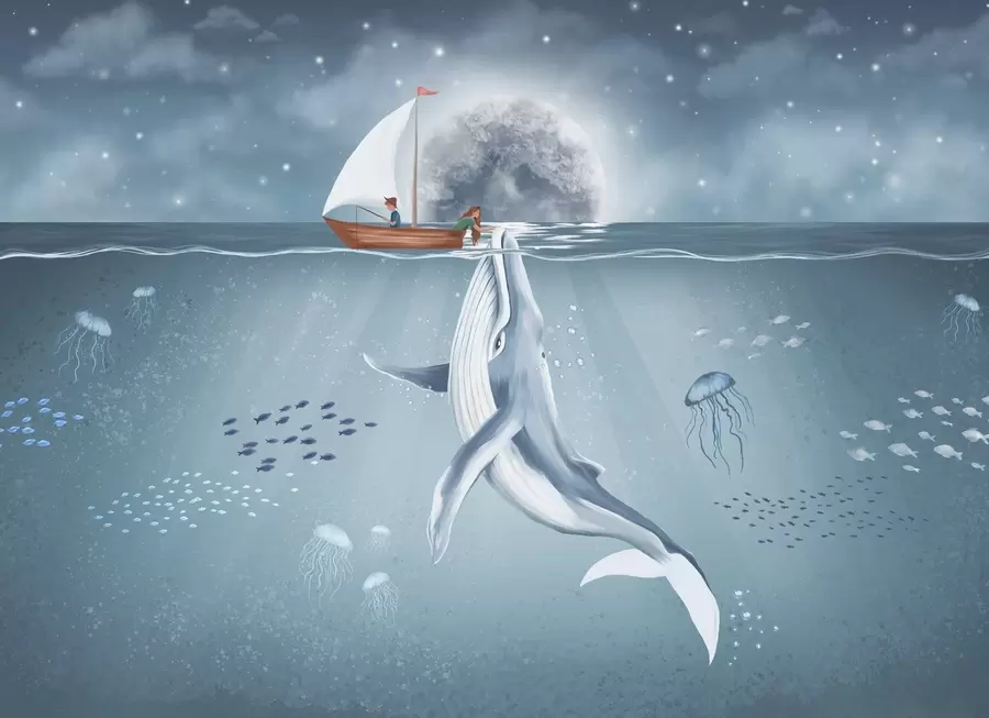 fotószőnyeg Gyermek design bálnával, holddal és hajóval gyerekekkel w02476