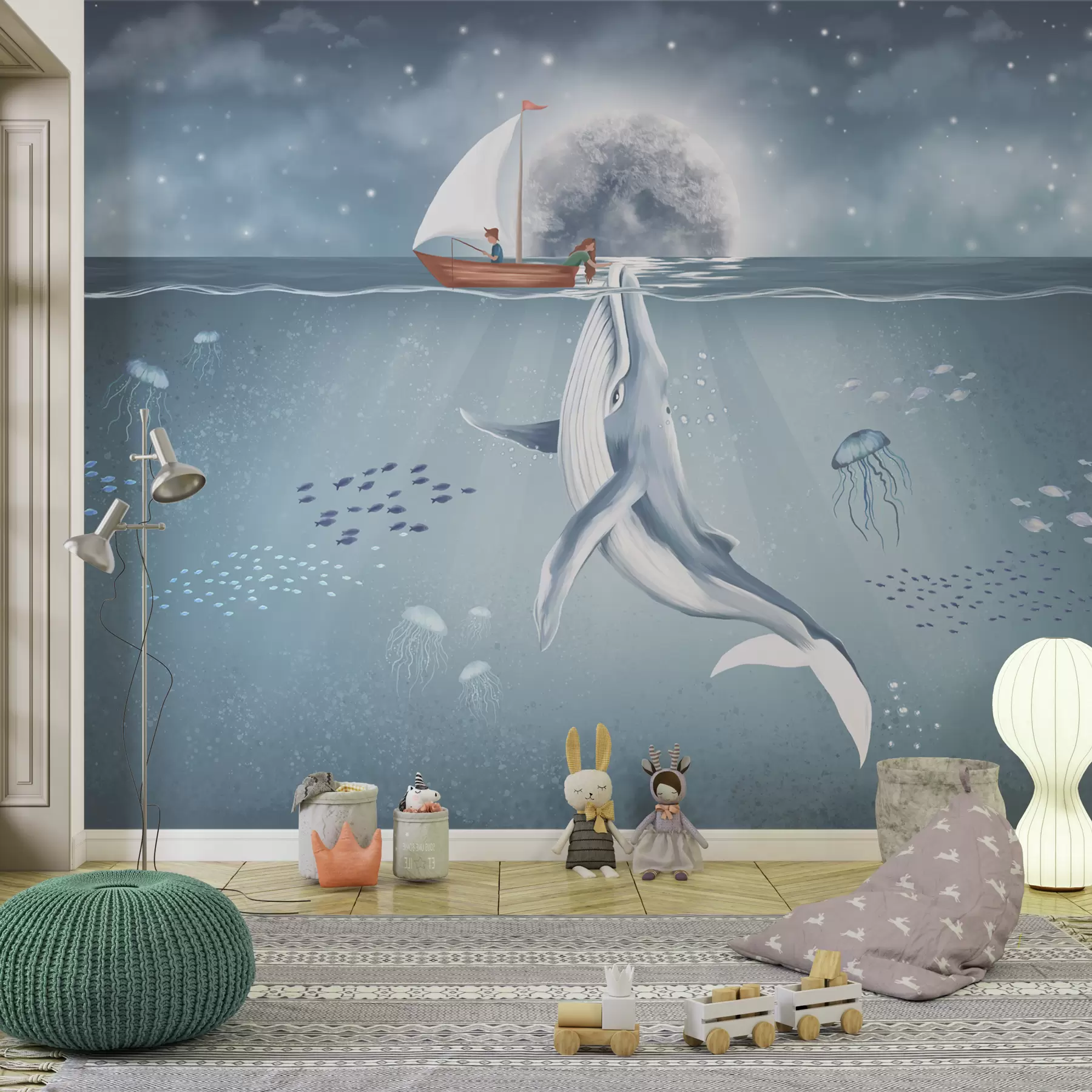 fotószőnyeg Gyermek design bálnával, holddal és hajóval gyerekekkel w02476