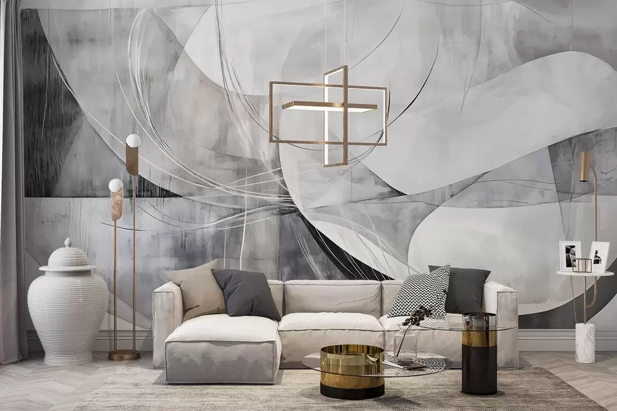 fotószőnyeg Absztrakt formák és alakzatok a fehér, szürke és fekete árnyalataiban, elmosódott, texturált háttérrel szemben w08461v1