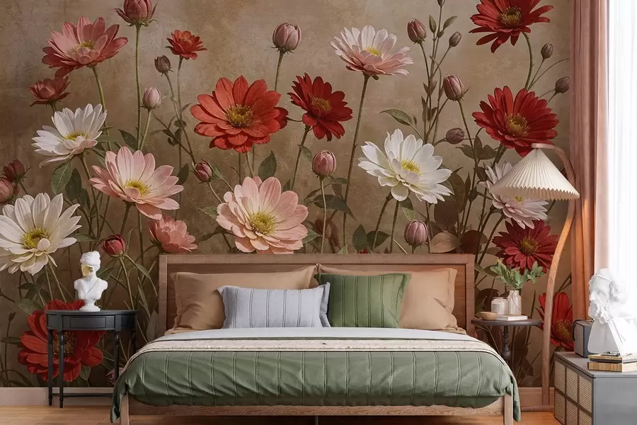 fotószőnyeg A mező színes százszorszép-szerű virágok különböző árnyalatú rózsaszín, piros és fehér, a texturált háttér előtt w08462