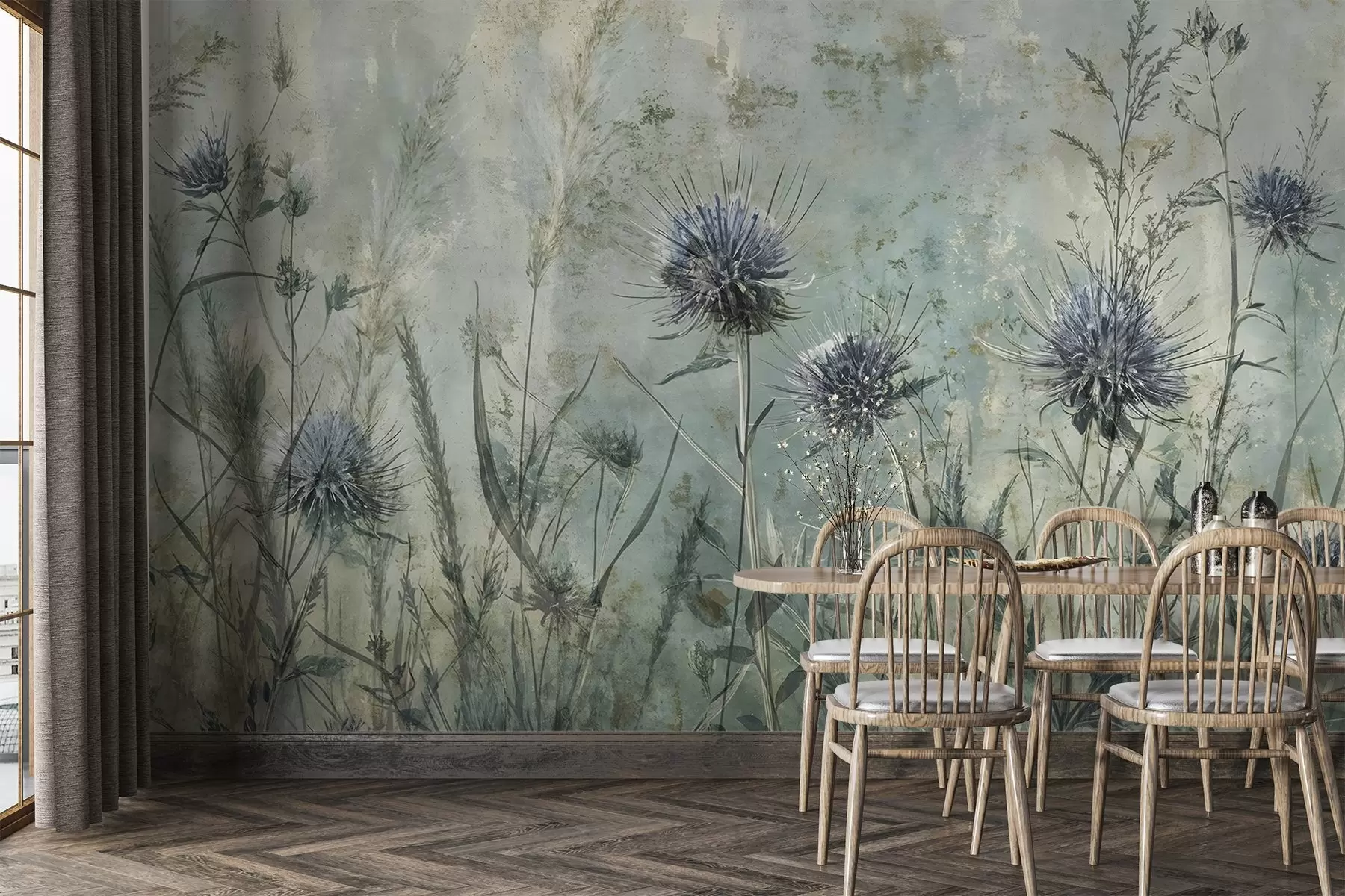 fotószőnyeg A mező a lila bogáncs virágok elmosódott virágok és lombozat a vintage texturális háttérben w08463