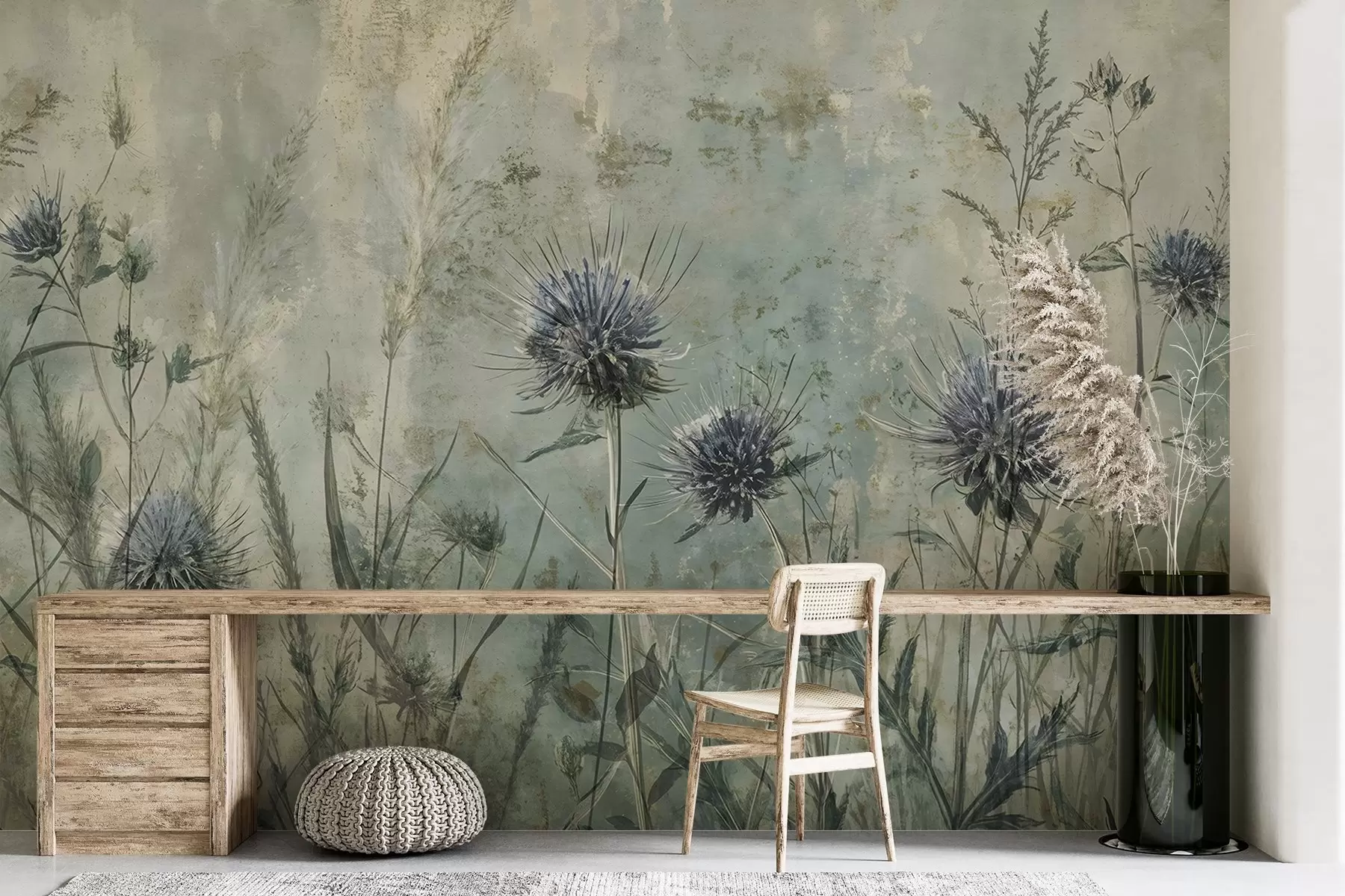 fotószőnyeg A mező a lila bogáncs virágok elmosódott virágok és lombozat a vintage texturális háttérben w08463