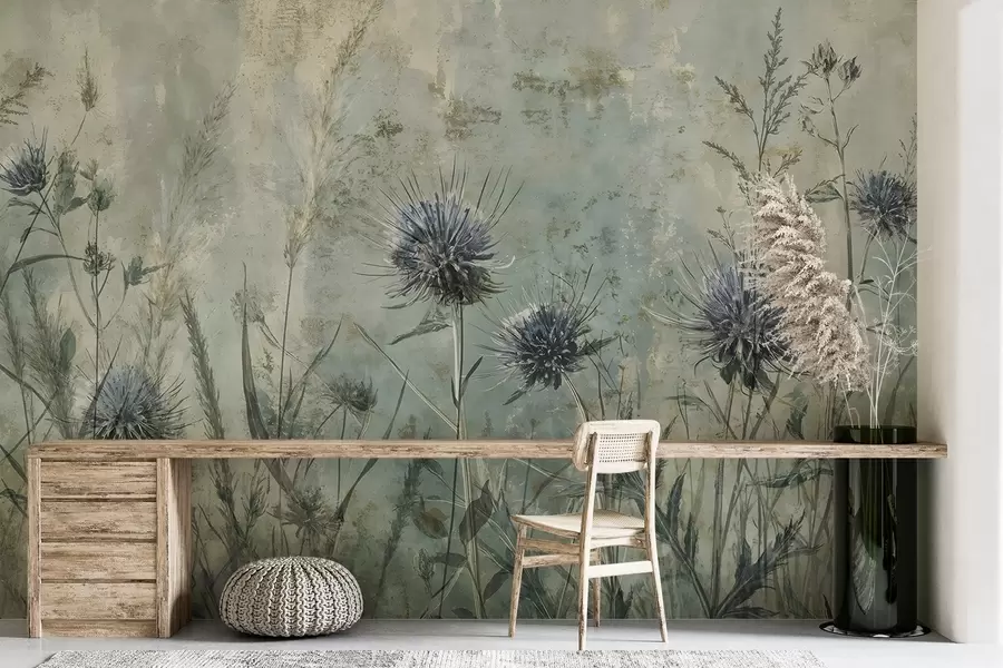 fotószőnyeg A mező a lila bogáncs virágok elmosódott virágok és lombozat a vintage texturális háttérben w08463