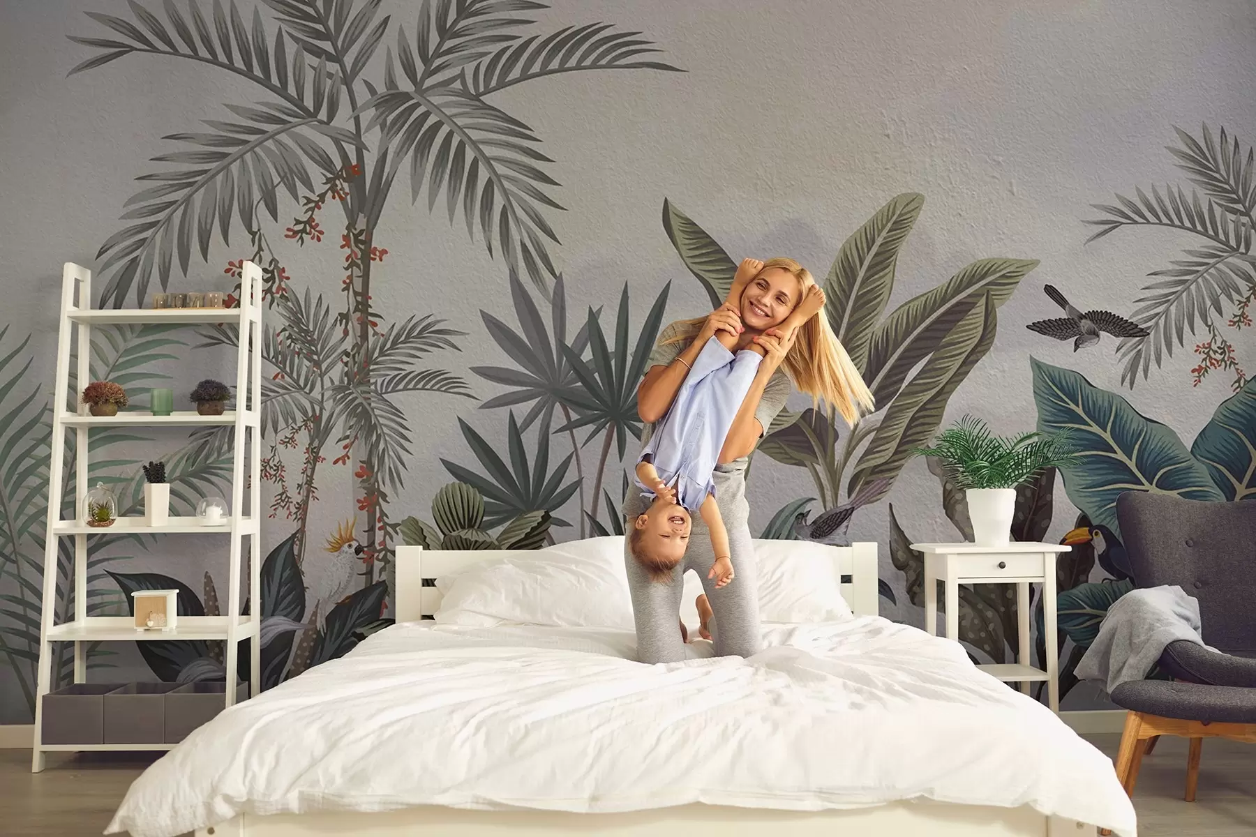 fotószőnyeg Trópusi dzsungel pálmákkal és színes madarakkal w08496