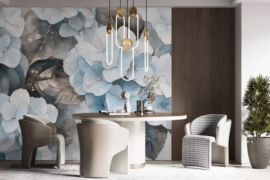 fotószőnyeg Hortenzia virágok, vízfestmény stílusú rajz, kék színek, virágos w02488v1