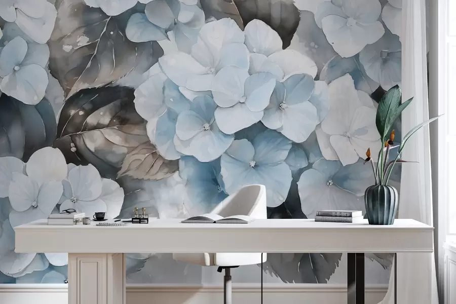 fotószőnyeg Hortenzia virágok, vízfestmény stílusú rajz, kék színek, virágos w02488v1