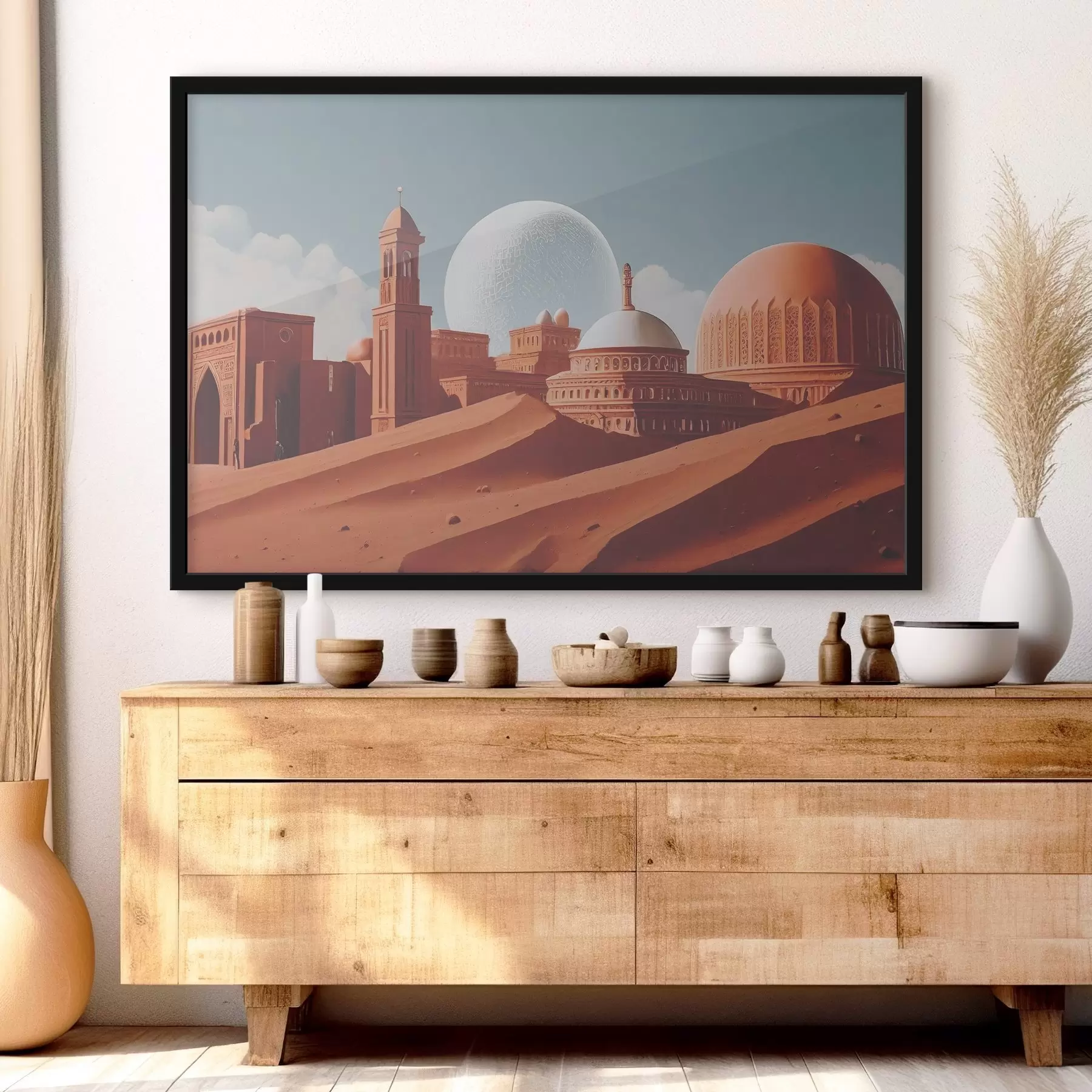 fotószőnyeg Sivatagi táj épületekkel és nagy fehér golyóval f37814