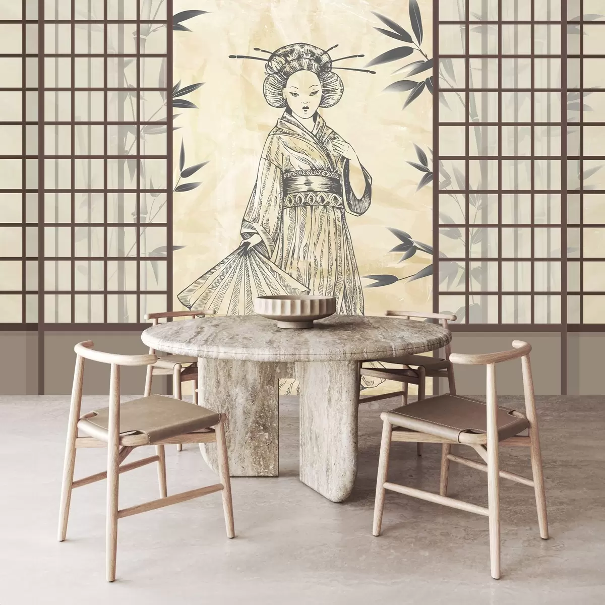 fotószőnyeg Régi ázsiai stílusú ház, lány hagyományos ruhában, cseresznyevirág, cseresznyevirág, Shoji w02535