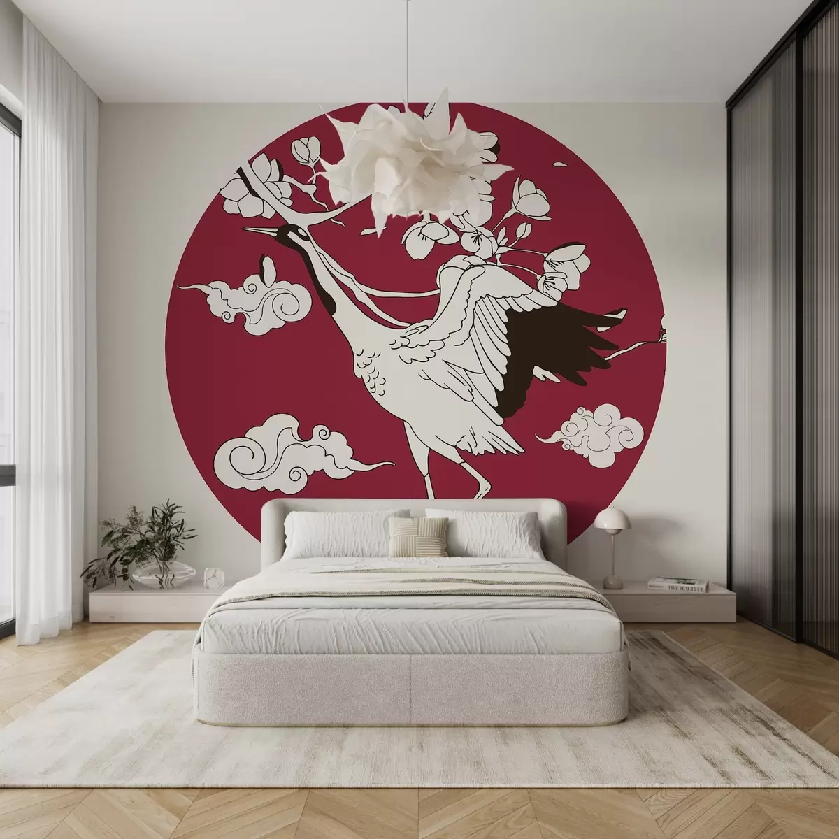 fotószőnyeg Rajzolás körben, virágok, felhők japán stílusban, daru, piros rész w02538v1