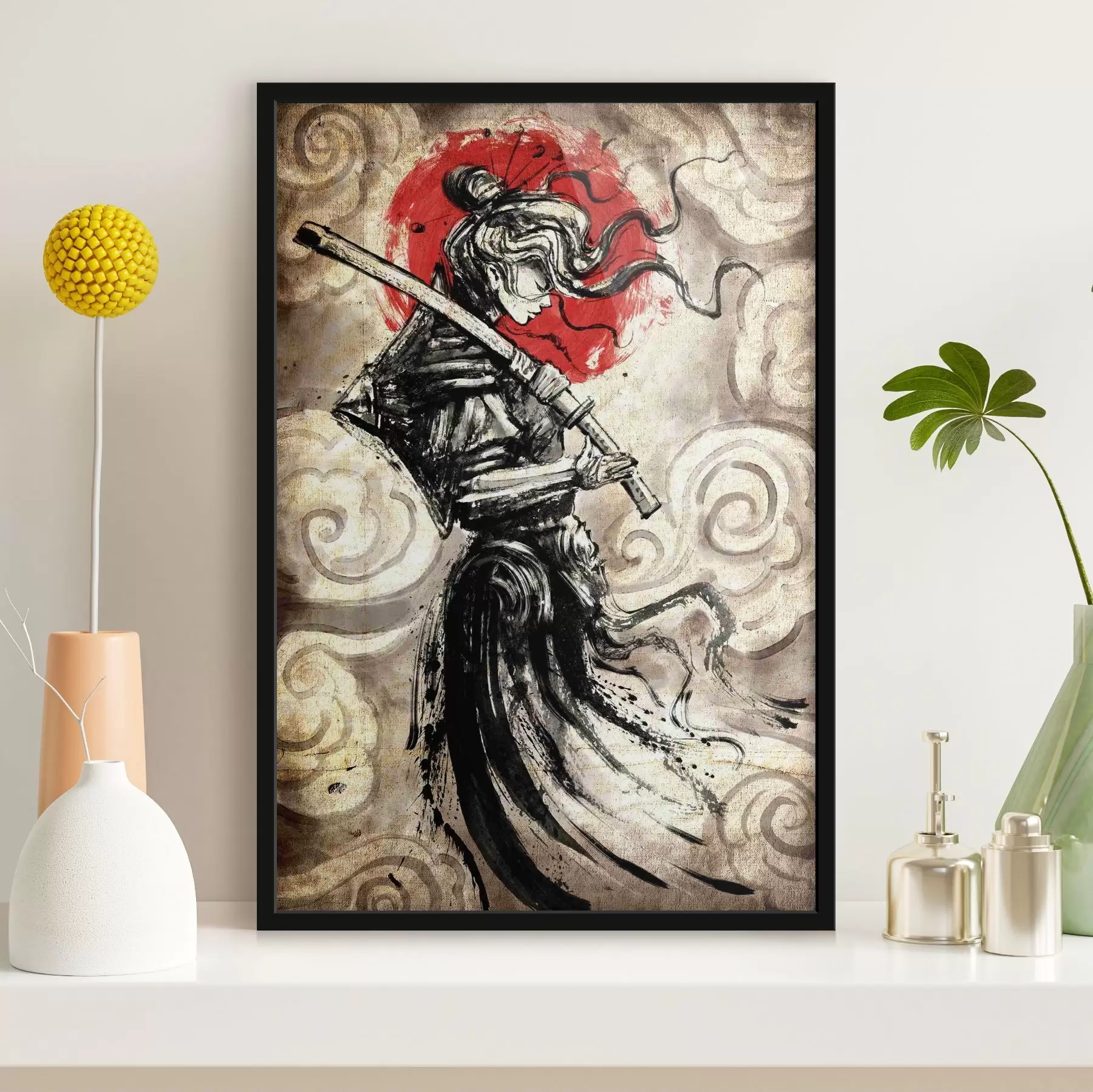 fotószőnyeg Gyönyörű szamuráj lány katanával a vállán f33060