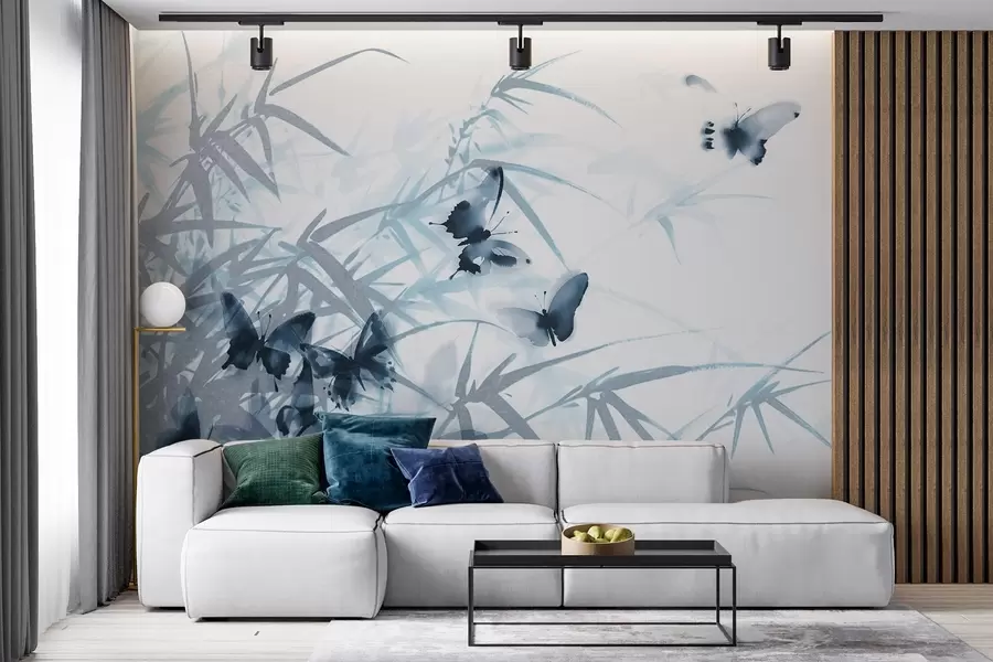 fotószőnyeg Texturális bambuszlevelek és szárak repülő kék pillangókkal, átlátszó szárnyakkal w08524