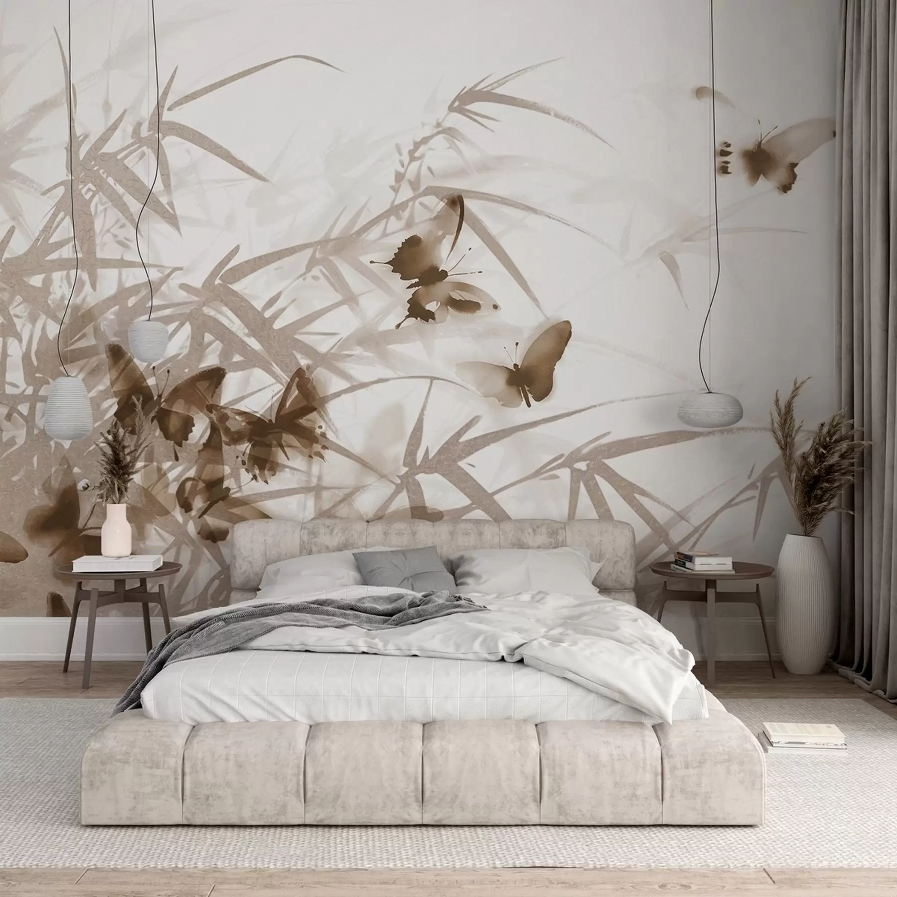 fotószőnyeg Texturális bambuszlevelek és szárak repülő barna pillangókkal, átlátszó szárnyakkal w08524v1