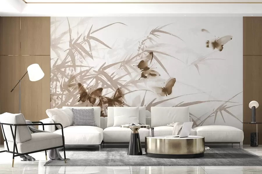 fotószőnyeg Texturális bambuszlevelek és szárak repülő barna pillangókkal, átlátszó szárnyakkal w08524v1