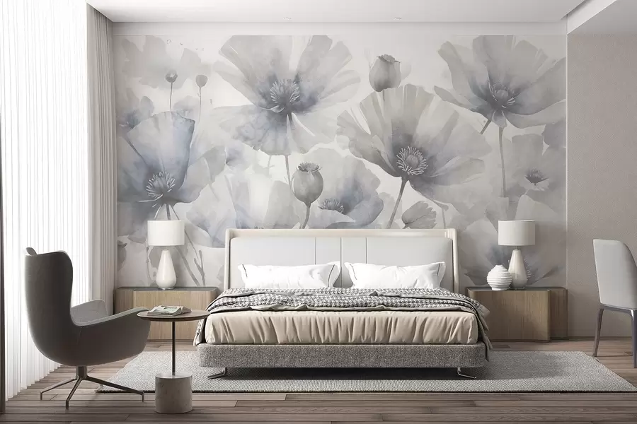 fotószőnyeg Finom texturális grunge szürke és fehér virágok lágy, elmosódott szirmokkal fehér háttér előtt w08526