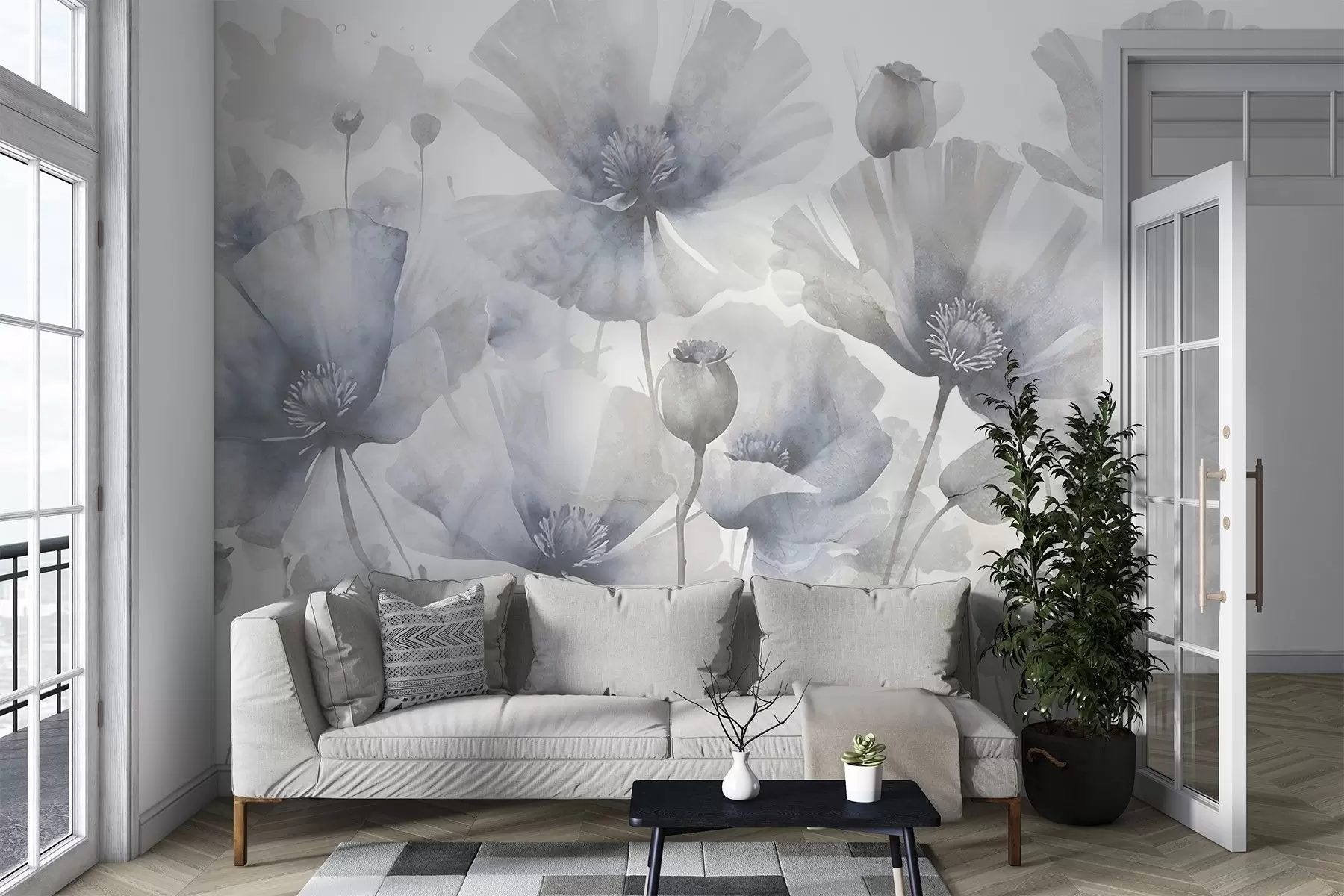 fotószőnyeg Finom texturális grunge szürke és fehér virágok lágy, elmosódott szirmokkal fehér háttér előtt w08526