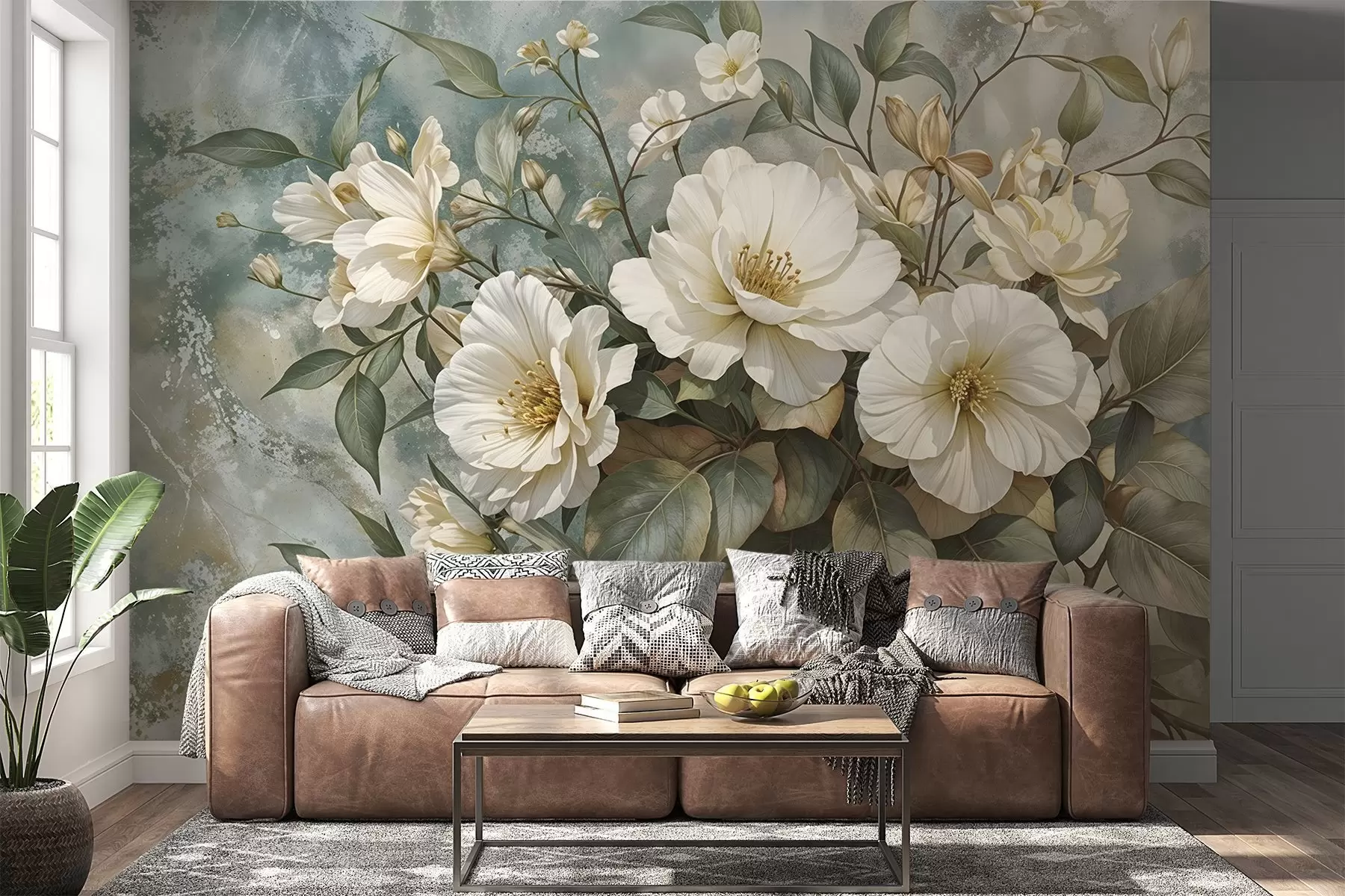 fotószőnyeg Nagy, fehér, részletgazdag pünkösdi rózsavirágok zöld levelekkel, lágy, texturális türkiz háttér előtt w08528