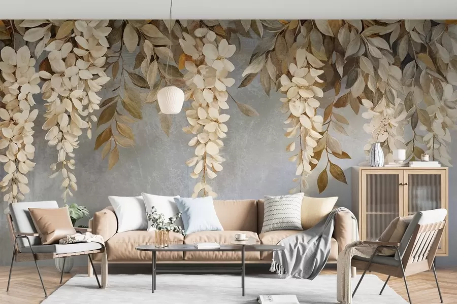 fotószőnyeg Finom fehér és világos bézs színű wisteria virágok lombozatával, amelyek lágy szürke háttér előtt lezuhannak w08531