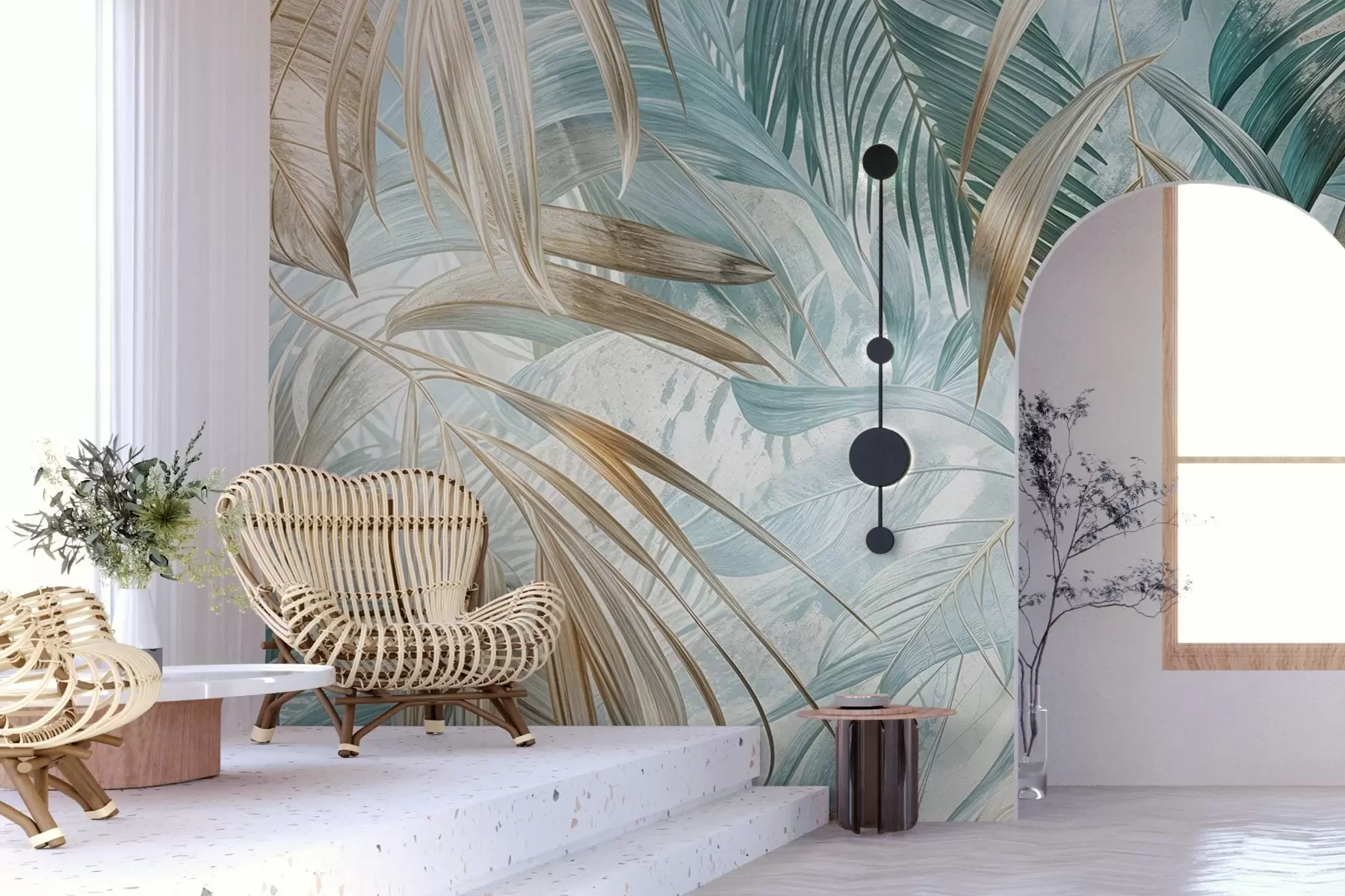 fotószőnyeg A trópusi absztrakt virágmintás, nagy pálmalevelekkel, kék és bézs árnyalatokkal buja légkört teremt w08532