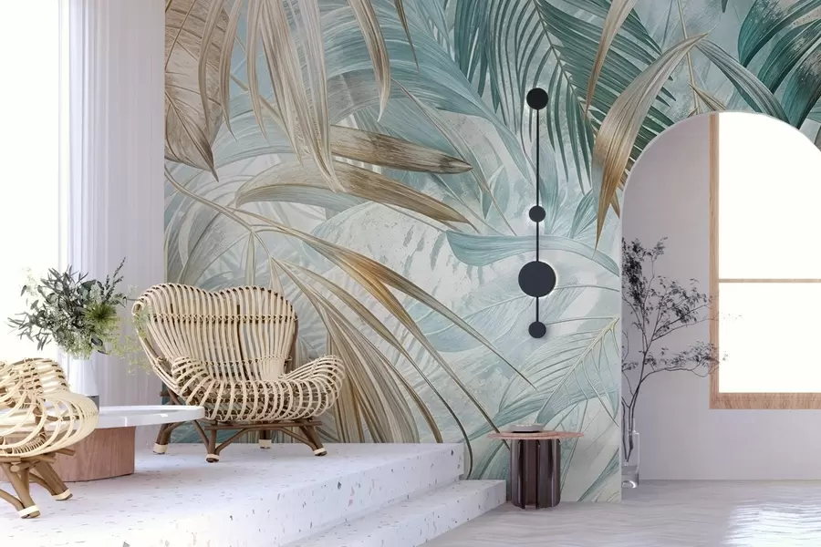 fotószőnyeg A trópusi absztrakt virágmintás, nagy pálmalevelekkel, kék és bézs árnyalatokkal buja légkört teremt w08532