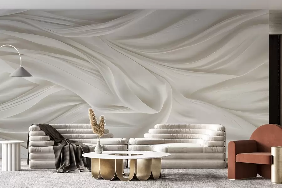 fotószőnyeg Modern nyomtatás sima, áramló fehér szövet utánzásával, puha, hullámzó ráncokkal és gyűrődésekkel w08537