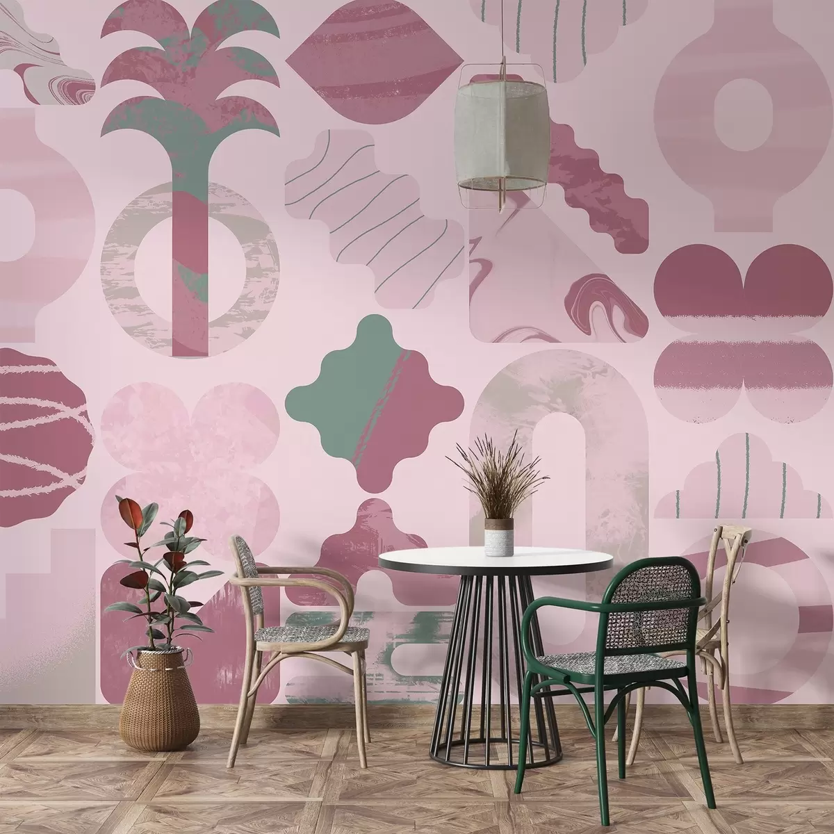 fotószőnyeg különböző érdekes formák, modern geometria rózsaszín színekben w02550