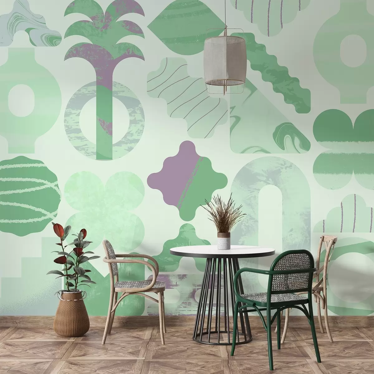 fotószőnyeg különböző érdekes formák, modern geometria zöld színekben w02550v2