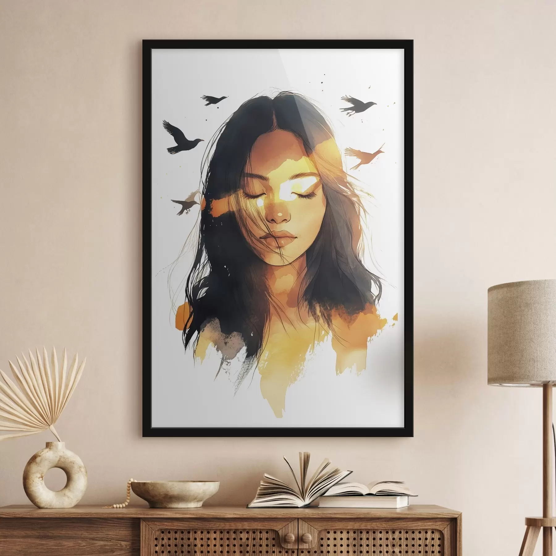 fotószőnyeg Akvarell stílusú portré, gyönyörű lány, napfény, repülő madarak f42198