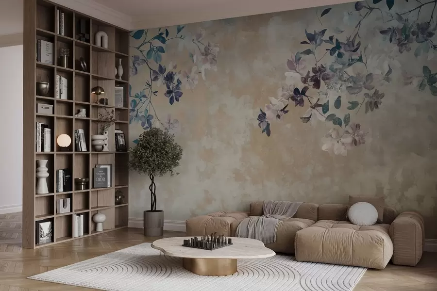 fotószőnyeg retro stílusú tapéta ágakkal és virágokkal w02686