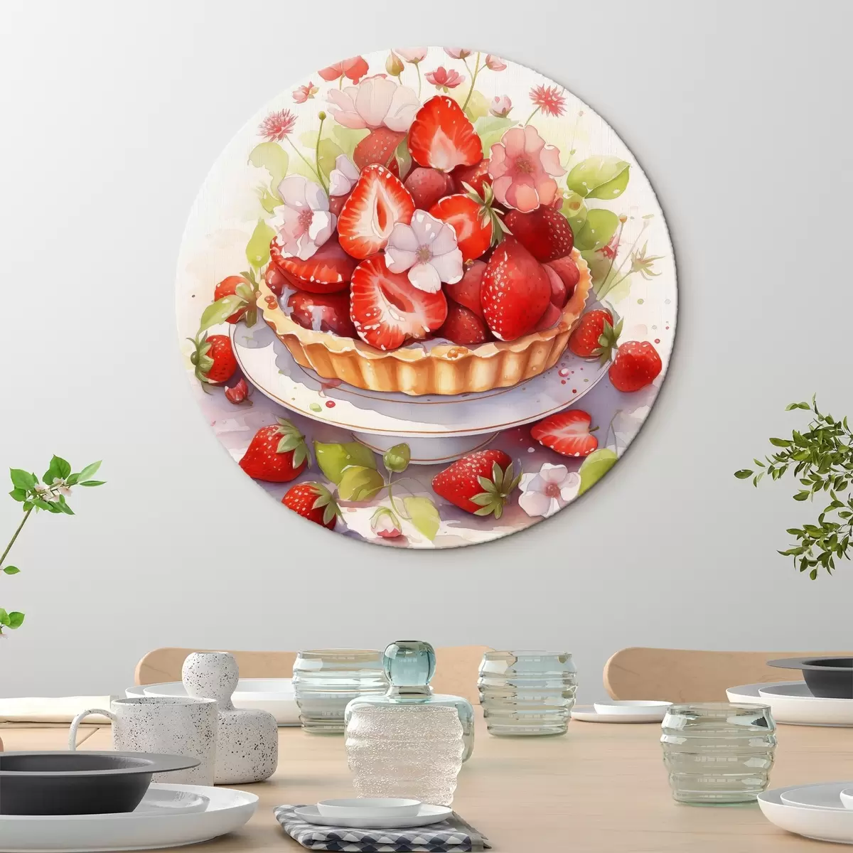 Kerek festmények Epres torta, akvarell, virágok r41177