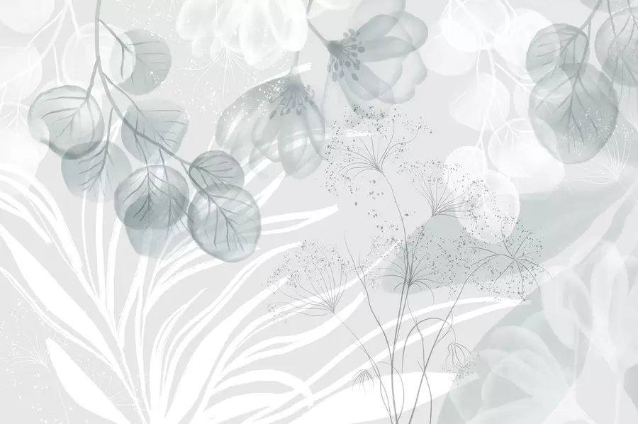 fotószőnyeg Virágos eukaliptusz elemek a kék és a fehér árnyalataiban, egymást átfedő levelekkel és szirmokkal, minimalista stílusban w08599