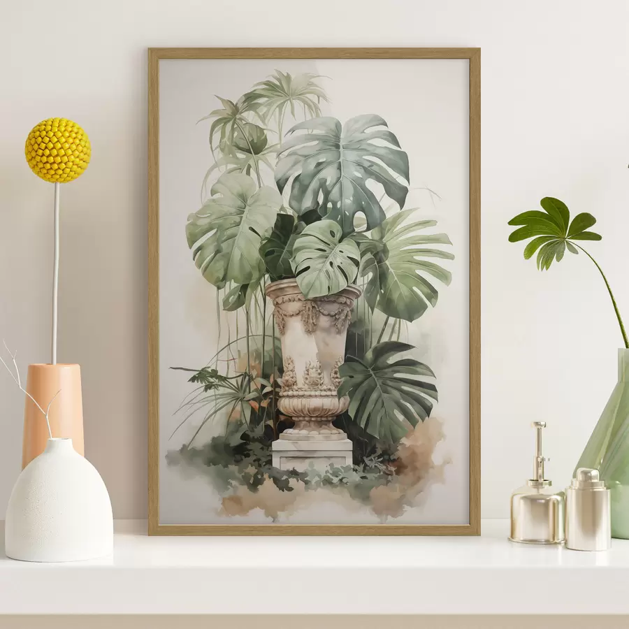 fotószőnyeg Trópusi monstera levelek egy oszlopon utánzó akvarell f42351