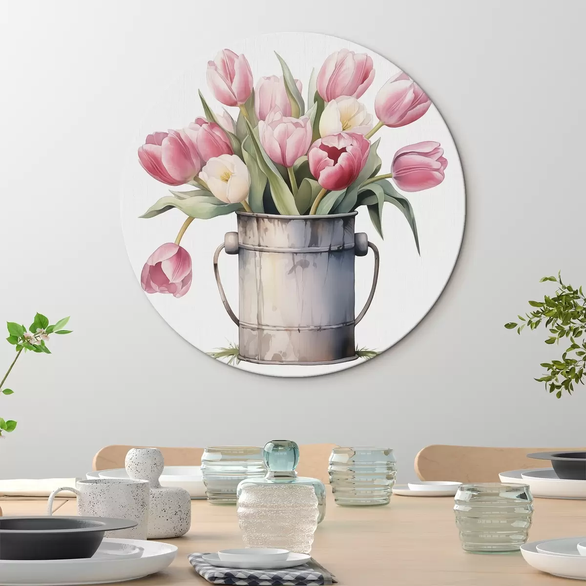Kerek festmények Csokor tulipánok egy vödörben akvarell utánzatban r42353