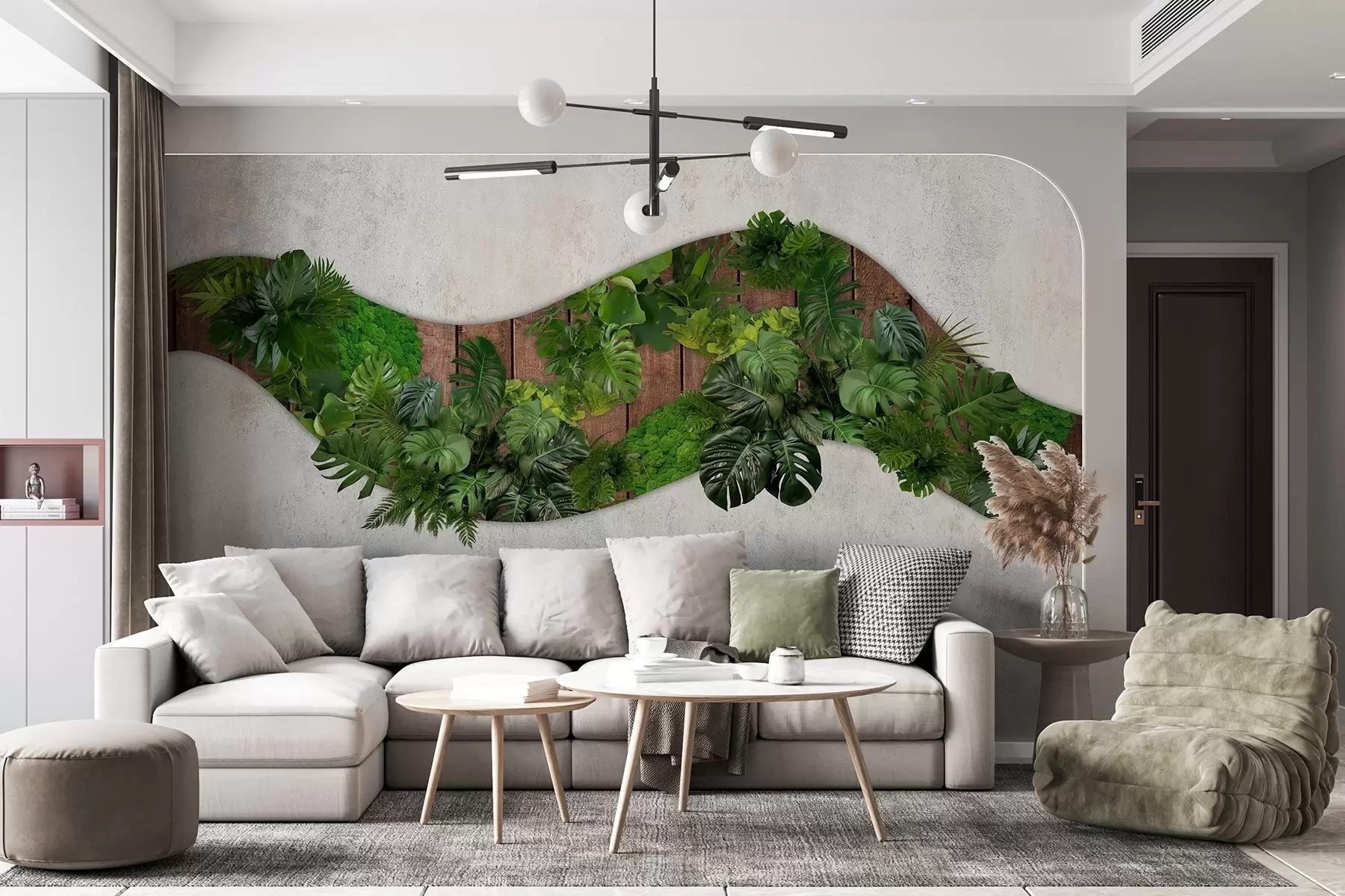 fotószőnyeg Falidísz, növényekkel, mohával, pálmalevelekkel, fa háttérrel w02658