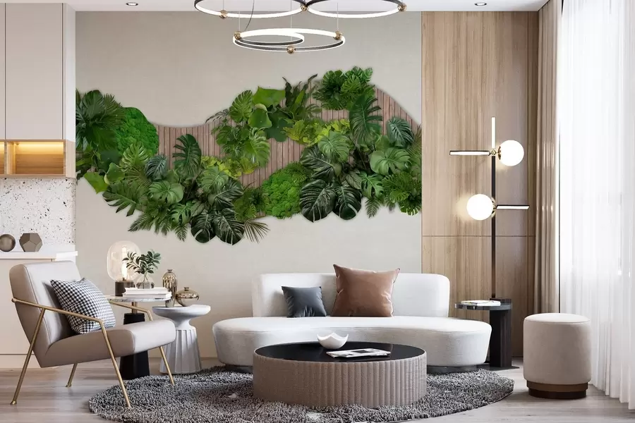 fotószőnyeg Virágos panel pálmalevelekkel, mohával és faháttérrel w02717