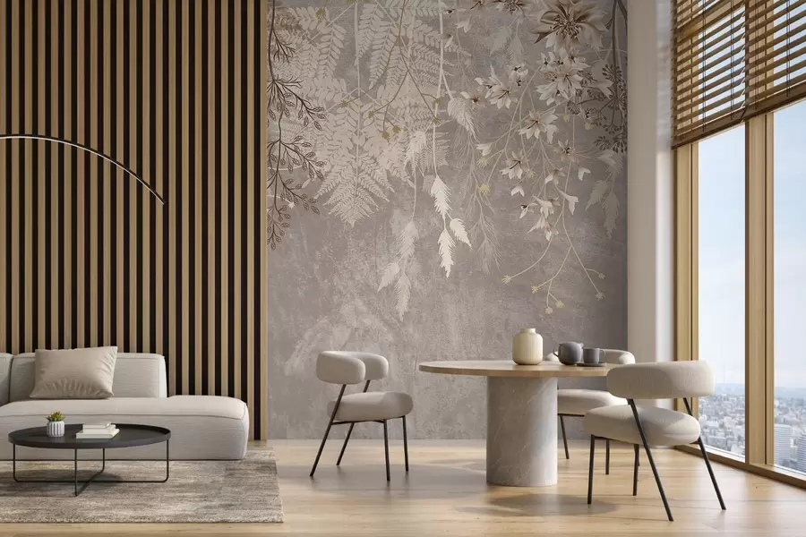 fotószőnyeg Álomszép, finom, foszlós növények, tüskék és virágok barna pasztell színekben, ködös, texturált háttér előtt w08606v1