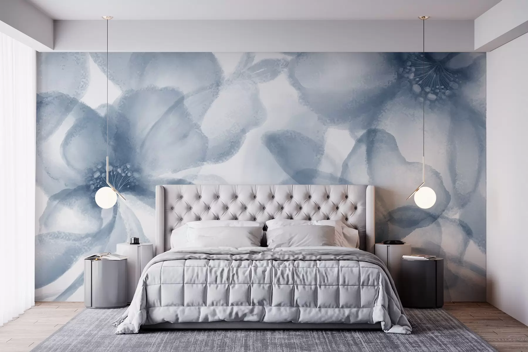 fotószőnyeg Lágy, elmosódott absztrakt kék virágok, amelyek egy nyugodt és megnyugtató virágmintát hoznak létre w08607