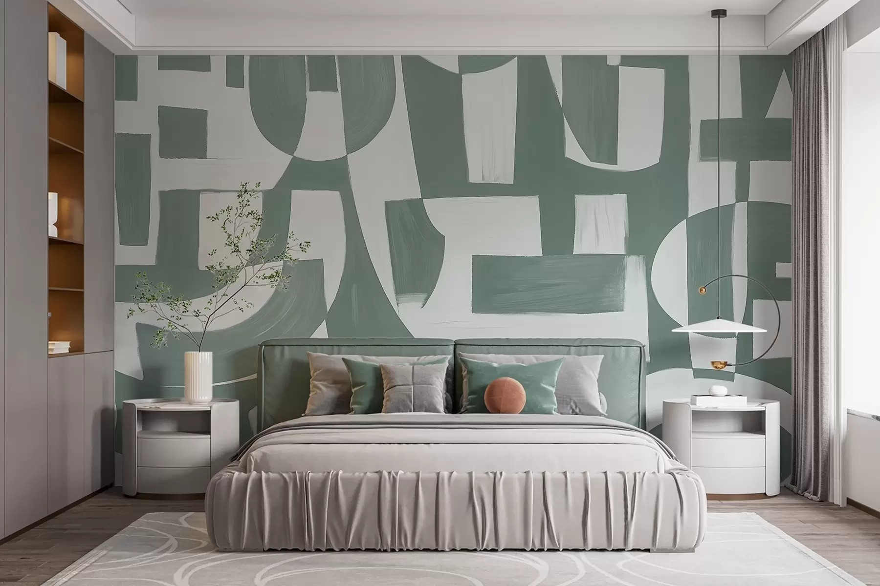 fotószőnyeg Absztrakt zöld és fehér geometriai formák és minták, amelyek vizuálisan feltűnő és dinamikus kompozíciót alkotnak w08608v1