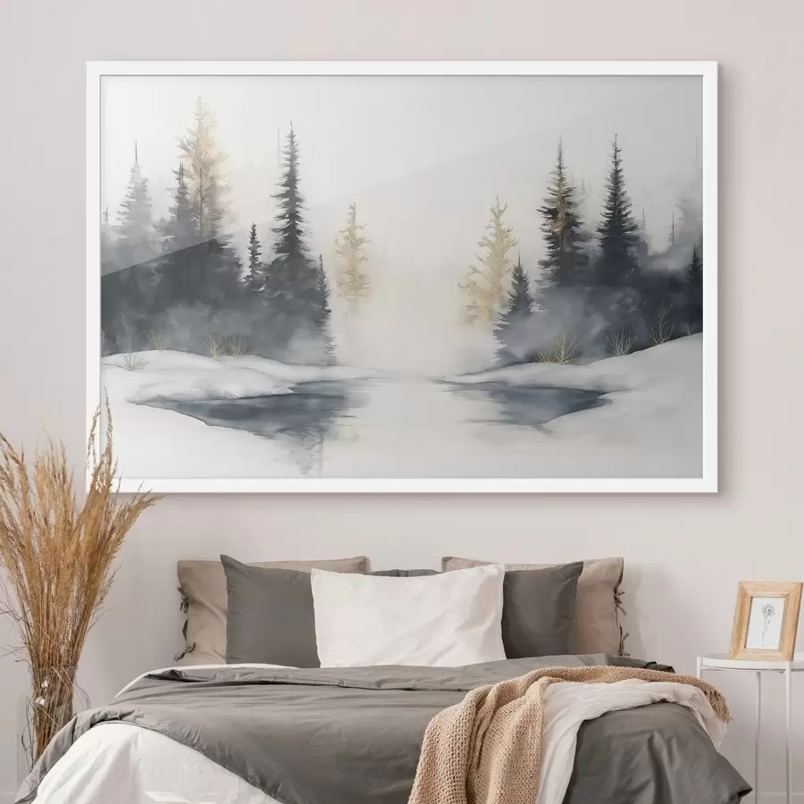 fotószőnyeg Téli táj folyó és fenyőfák, természet, erdő, köd, köd f42374