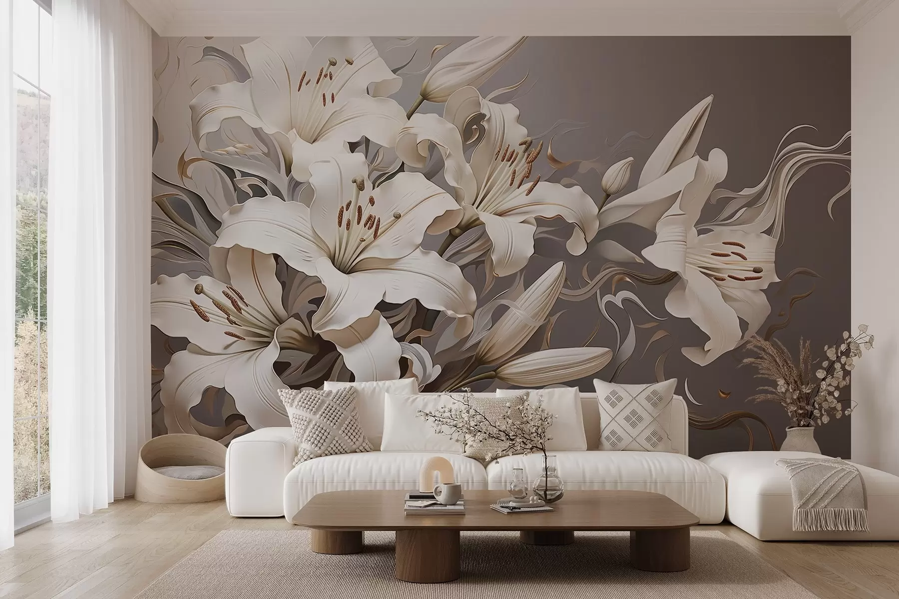 fotószőnyeg Kifinomult fehér liliomok pasztell árnyalatokban w08633v1