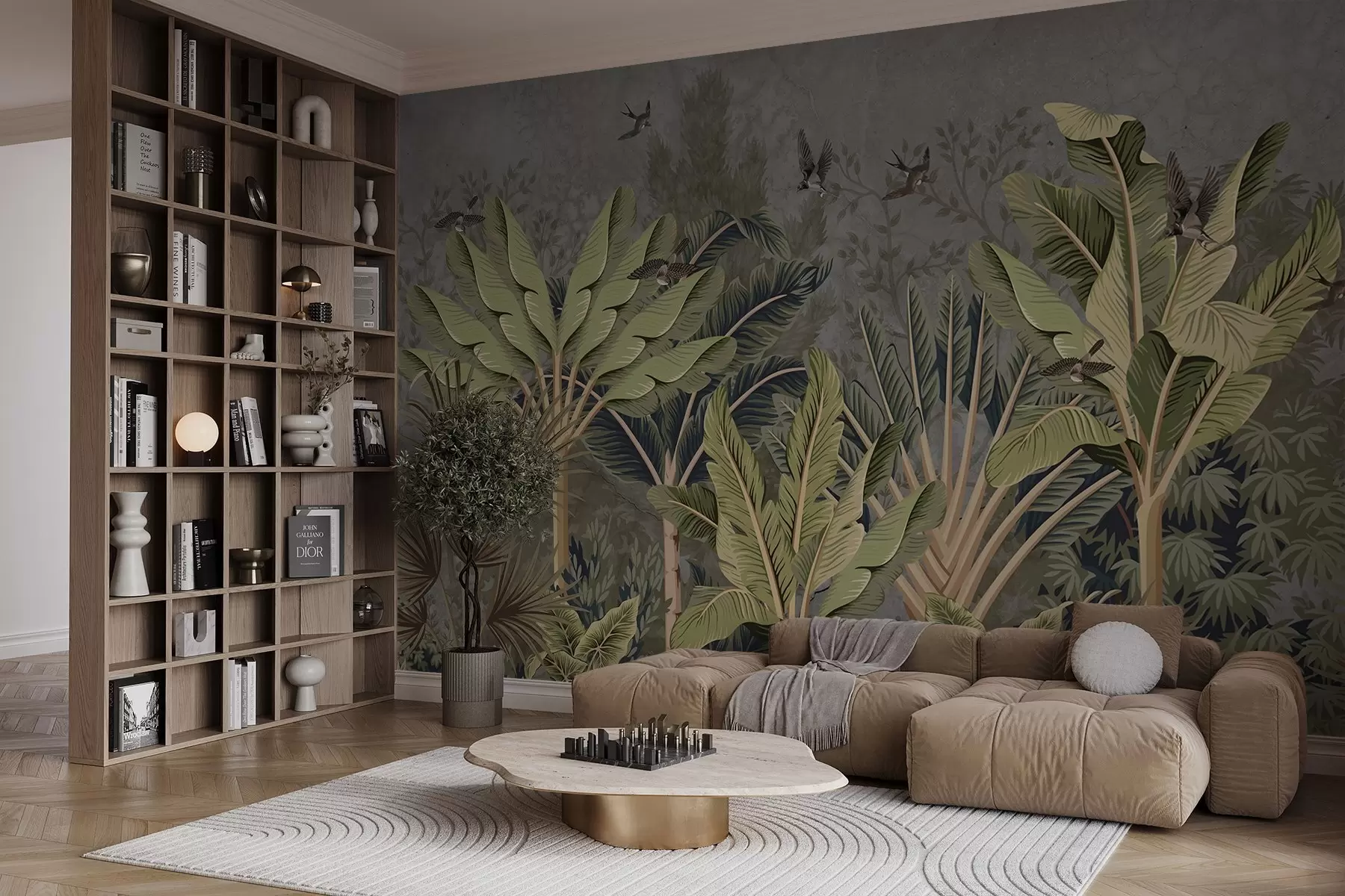 fotószőnyeg Trópusi dzsungel nagy levelekkel, pálmaágakkal és színes lombokkal az előtérben, texturált háttér előtt w08641