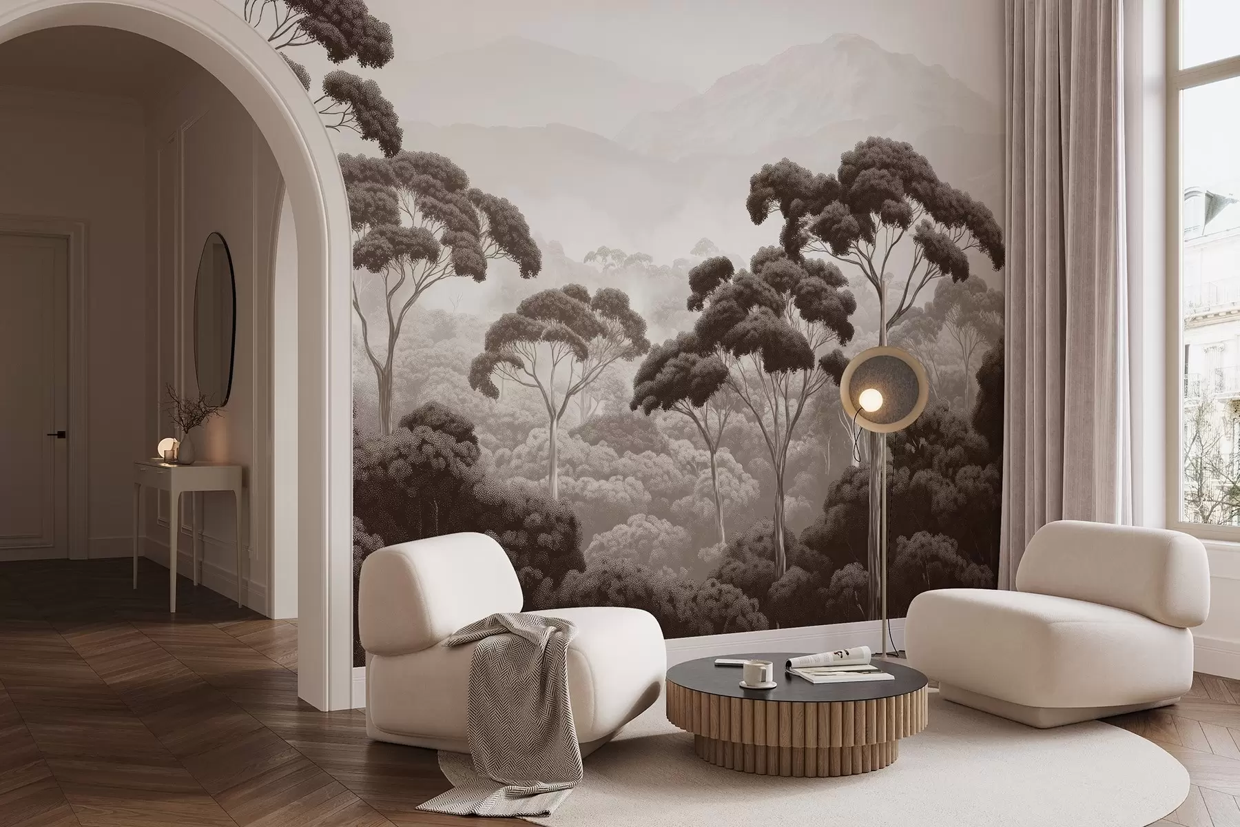 fotószőnyeg Dzsungel erdő, hegyek, trópusi, természet, nagy fák, barna színek w02739v2