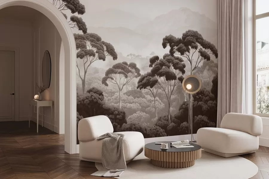 fotószőnyeg Dzsungel erdő, hegyek, trópusi, természet, nagy fák, barna színek w02739v2