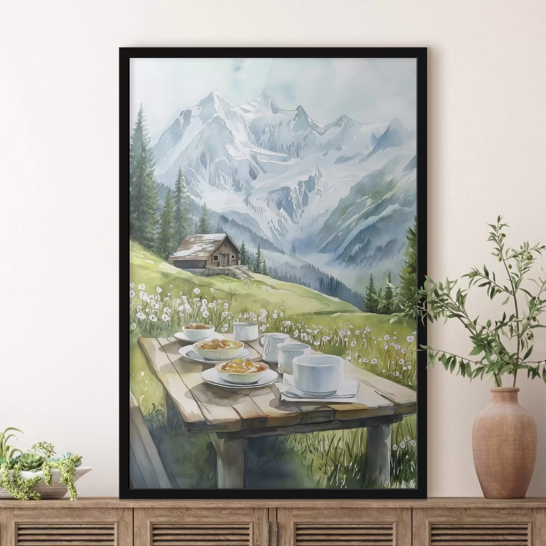 fotószőnyeg Reggeli az Alpokban, hegyek, erdő, természet, nyár, akvarell stílusban f42426