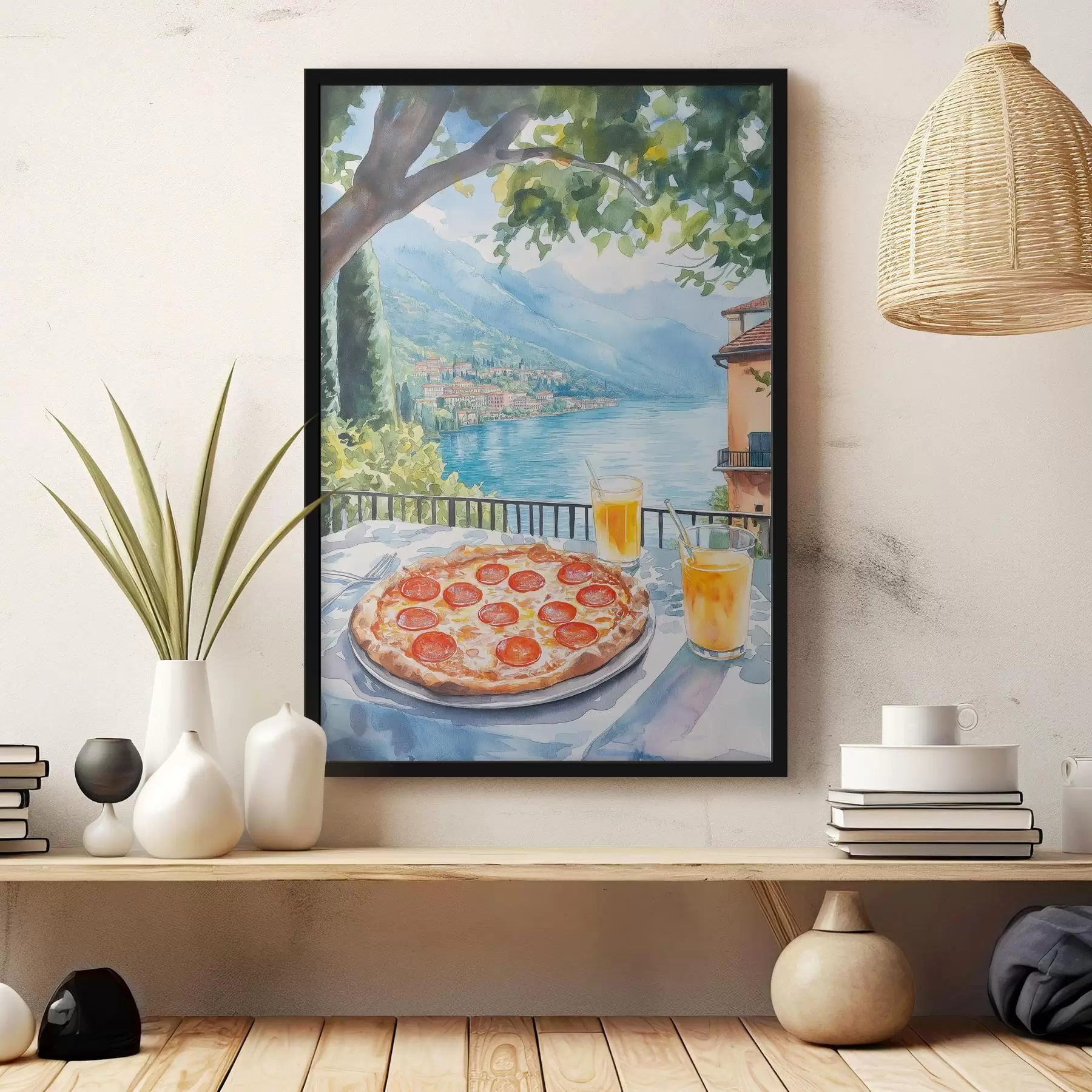 fotószőnyeg Brunch Olaszországban, akvarell stílusban, pizza margarita, tó, nyári természet, nyár f42436
