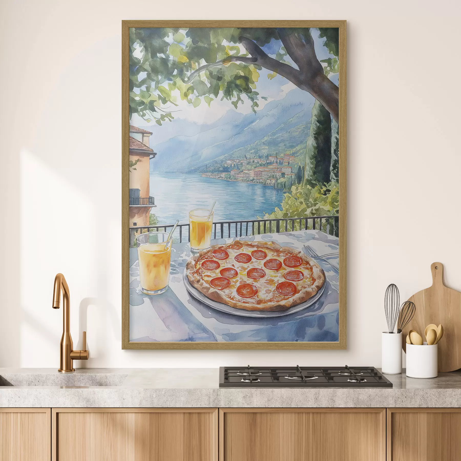 fotószőnyeg Brunch Olaszországban, akvarell stílusban, pizza margarita, tó, nyári természet, nyár f42436